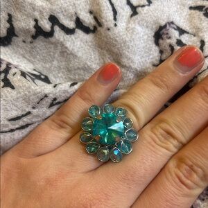 Sparkling Teal Blue Flower Gemstone Ring Turquoise Aqua halo cluster statement